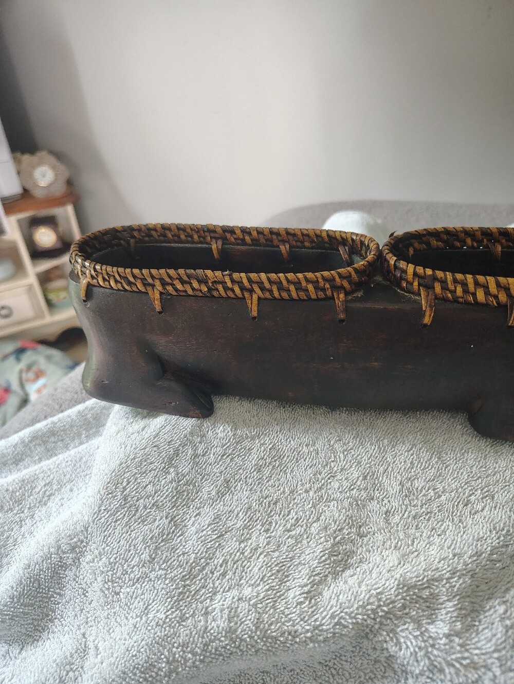 Wooden Pig Planter with Woven Rim - Rustic Brown - Picture 7 of 9
